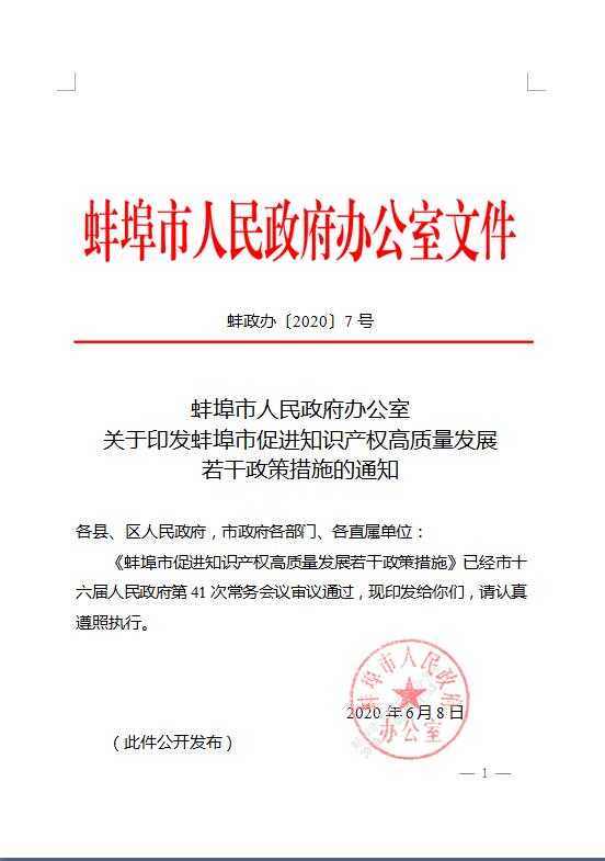 2020年 蚌埠市促进知识产权高质量发展 若干政策措施